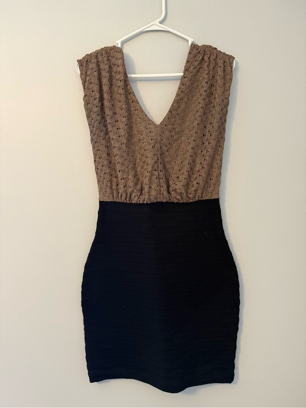 Express Sleeveless V-Neck Two-Tone Lace/Bandage Dress in Brown and Black